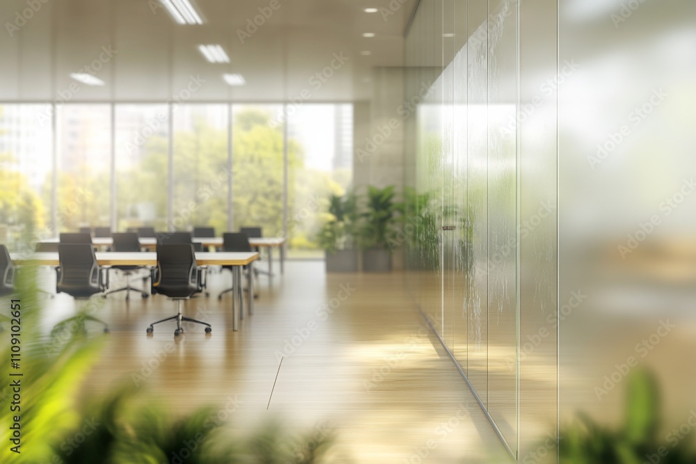 Fototapeta premium Blurred background in a workplace conference room setting captured in a stock photo.