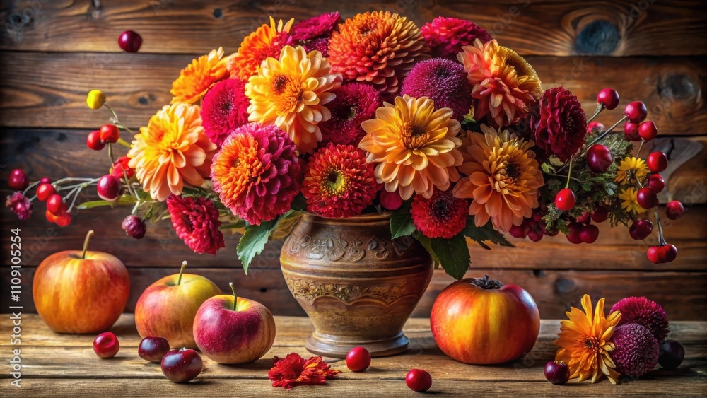 A Still Life Arrangement Featuring a Rustic Vase Filled with Vibrant Autumn Flowers, Including Dahlias and Chrysanthemums, Surrounded by Apples and Berries on a Wooden Tabletop. A Still Life Arrangement Featuring a Rustic Vase Filled with Vibrant Autumn Flowers, Including Dahlias and Chrysanthemums, Surrounded by Apples and Berries on a Wooden Tabletop.