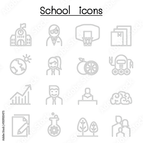 School, University, high school & Education icon set in thin line style