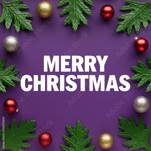 Purple background with a large "Merry Christmas"  letteringchristmas greeting card with christmas tree branches