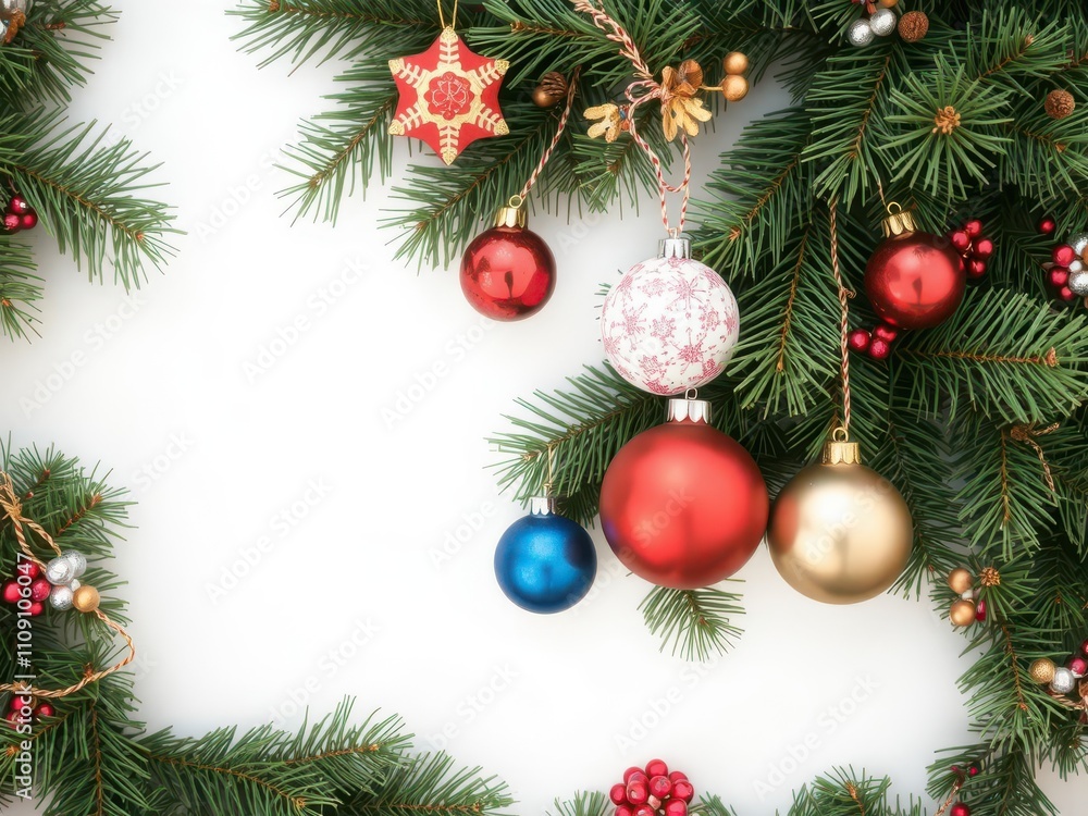Christmas pine branch adorned with festive decorations and colorful balls, shiny Christmas pine branch adorned with festive decorations and colorful balls, shiny