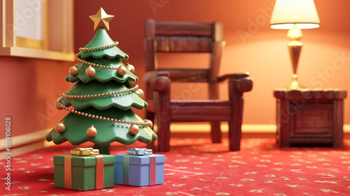 Christmas tree decorations with presents Christmas tree has ten gold ornaments and one star in room