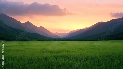 Landscape background Lush green valley at sunrise with mist over mountains and fields