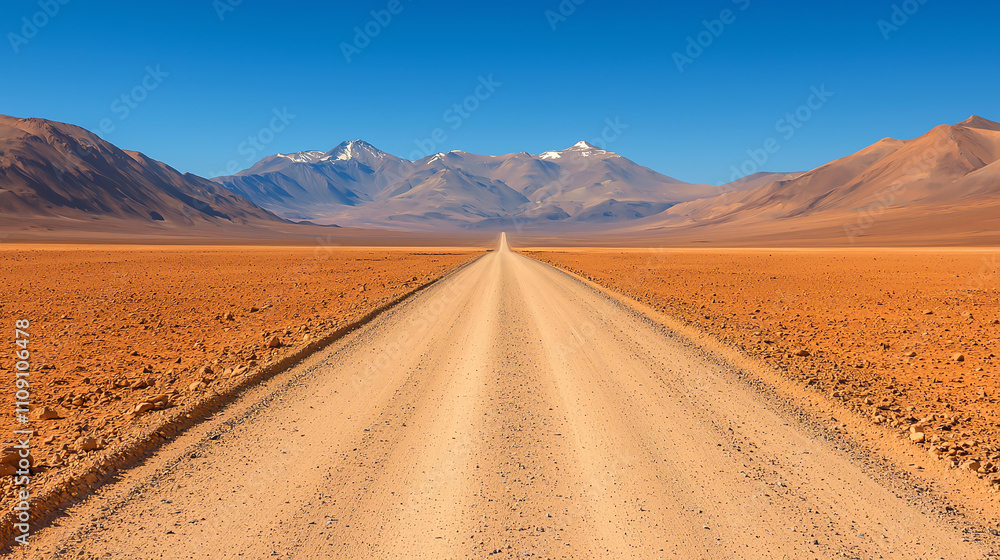 Vast desert road stretching through sandy landscape under blue sky Vast desert road stretching through sandy landscape under blue sky