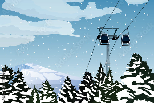 Cable cars on steel cables above a snow covered forest in the mountain. cable cars going through the snowy mountain. Winter tourism concept vector. Cable car transportation rope way over mountain hill