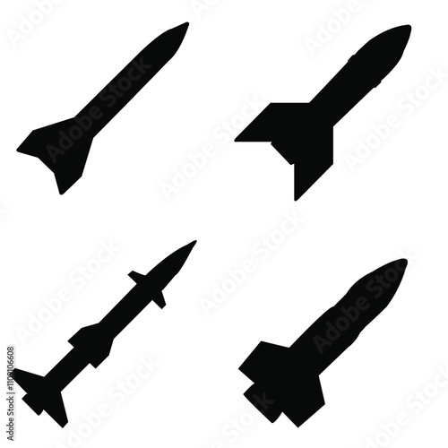 Military Missile silhouette vector art.  Nuclear atomic warhead silhouette symbol. set of Military Missile.