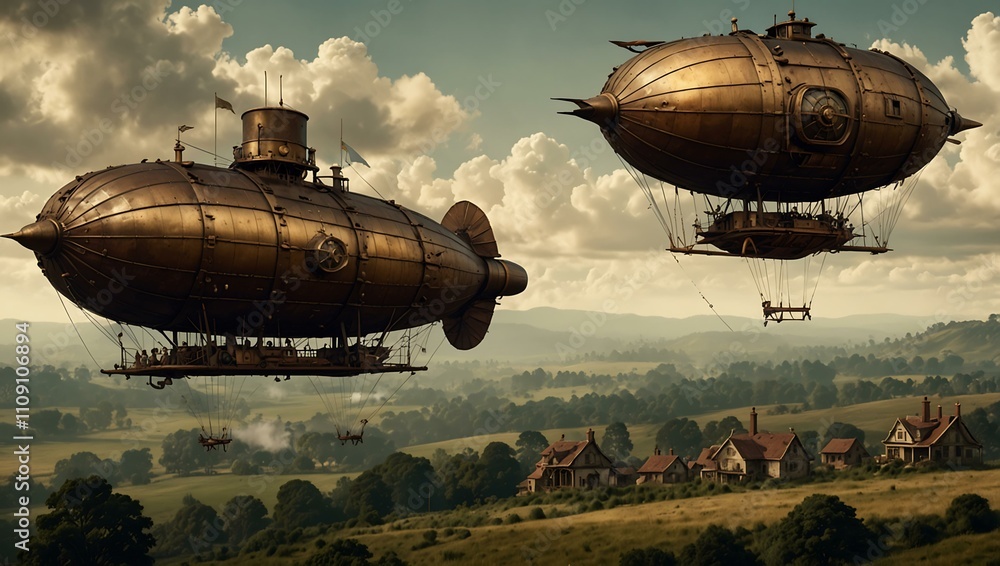 Fototapeta premium Victorian airships in a rural steampunk landscape.