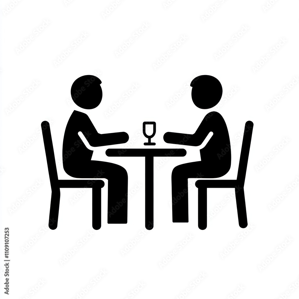 Fototapeta premium Two stylized figures seated at a table, possibly in a restaurant or cafe, with glasses.