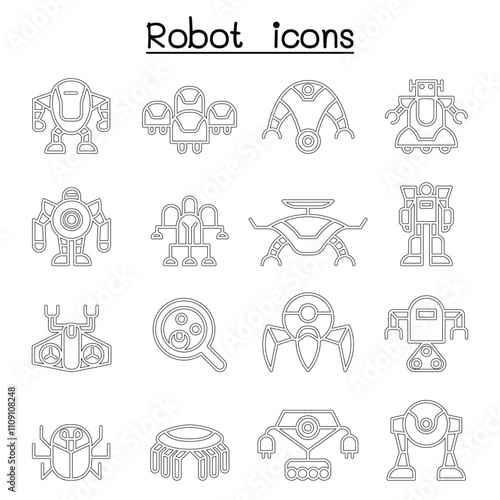 Robot icon set in thin line style