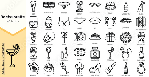 Set of bachelorette Icons. Simple Outline style icons pack. Vector illustration