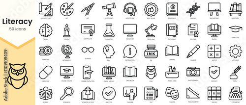 Simple Outline Set of literacy icons. Linear style icons pack. Vector illustration