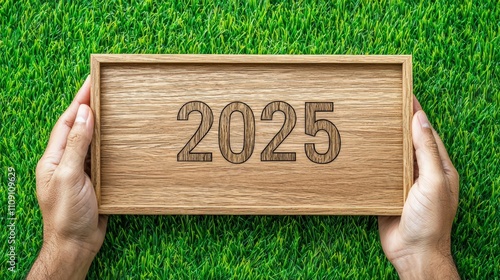 2045 vision board concept. A wooden plaque displaying the year "2025" held above a green grass background.