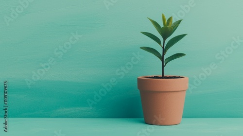 2049 vision board concept. A small green plant in a terracotta pot sits against a vibrant teal background, symbolizing growth and freshness in a minimalist setting.