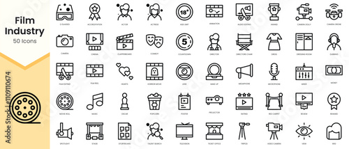 Simple Outline Set of film industry icons. Linear style icons pack. Vector illustration