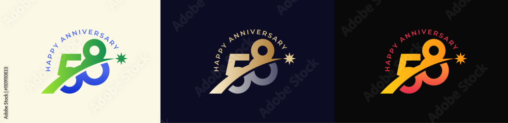 Logo Anniversary with Rising star 58th, 58th Happy Anniversary with Colorful Gradient, Luxury Gold and Silver. Logo Anniversary with Rising star 58th, 58th Happy Anniversary with Colorful Gradient, Luxury Gold and Silver.