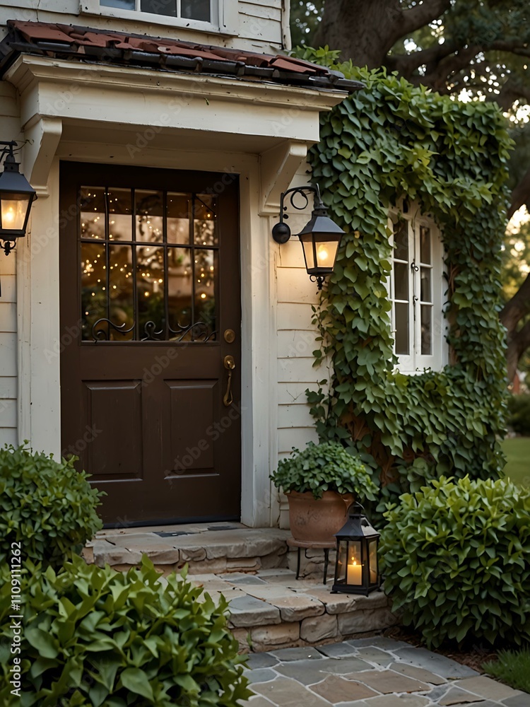 Fototapeta premium Vintage front home with climbing ivy and rustic lanterns, creating an inviting atmosphere.