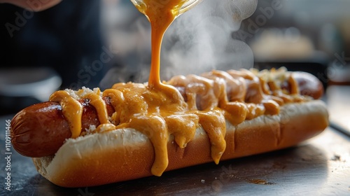 Delicious hot dog topped with melted cheese at a busy food stall during lunchtime rush photo