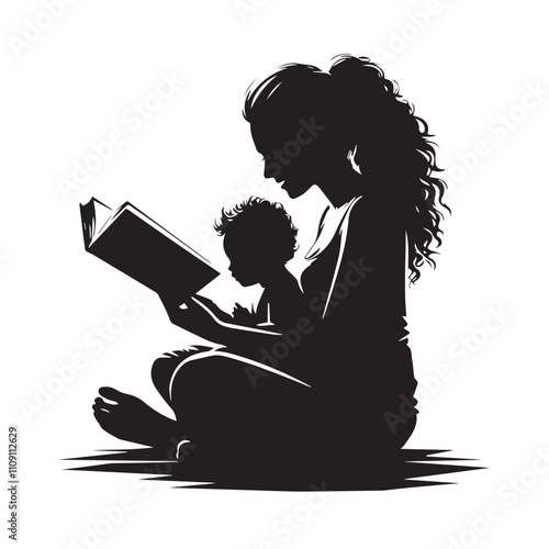 Mother and child reading together vector silhouette design. Mother's Day concept illustration.