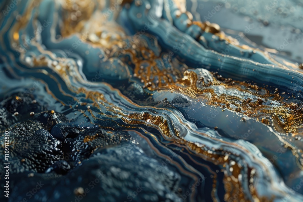 Fototapeta premium Abstract Close-Up of Blue and Gold Swirling Liquid with Glittering Texture