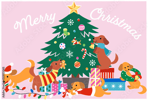 クリスマスを祝うダックスフンドたちのクリスマスカード