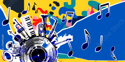 Music background with colorful music instruments and vinyl record disc vector illustration. Music festival poster with double bell euphonium, violoncello, trumpet, piano, euphonium, sax and guitar