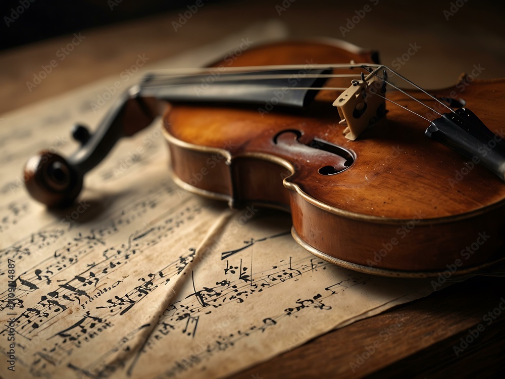 Fototapeta premium Violin resting on a dusty piano with sheet music.
