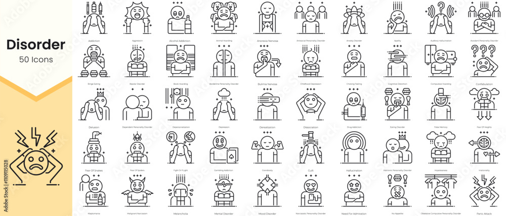 Simple Outline Set of Disorder Icons. Thin Line Collection contains such Icons as addiction, aggression, apathy, depression and more Simple Outline Set of Disorder Icons. Thin Line Collection contains such Icons as addiction, aggression, apathy, depression and more