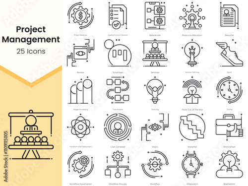 Simple Outline Set of Project Management Icons. Thin Line Collection contains such Icons as project revenue, quality control checklist, references, resource allocation and more