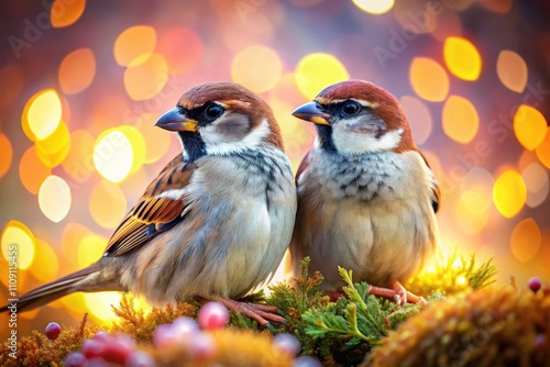 Adorable Sparrow Couple, Romantic Bird Love, Bokeh Background, Wildlife Photography, Nature Art photo