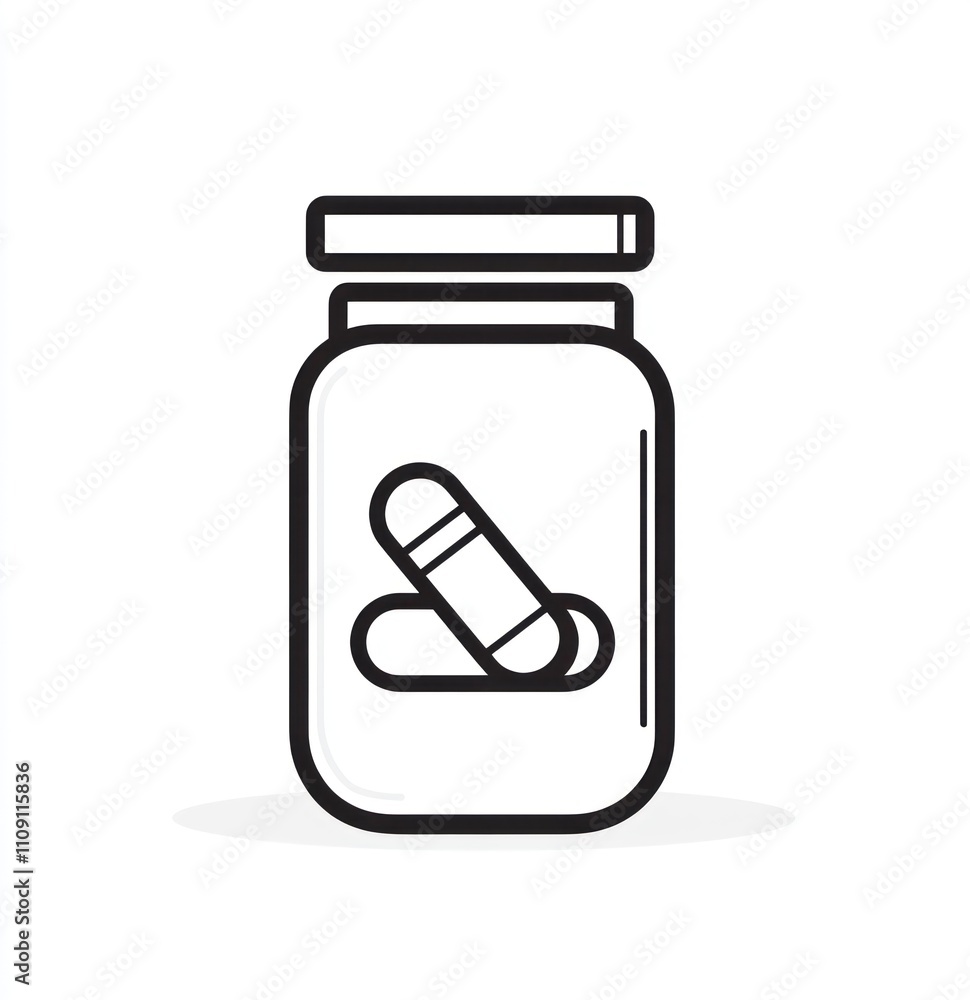 Outline illustration of a glass jar containing pills. Outline illustration of a glass jar containing pills.