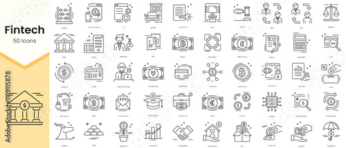 Simple Outline Set of Fintech Icons. Thin Line Collection contains such Icons as abacus, api, assets, asymmetric key, atm and more