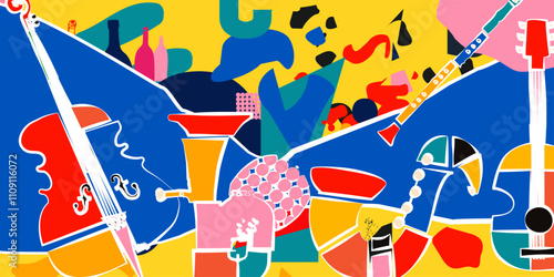 Wall Mural Modern music poster with abstract and minimalistic musical instruments assembled from colorful geometric forms and shapes
