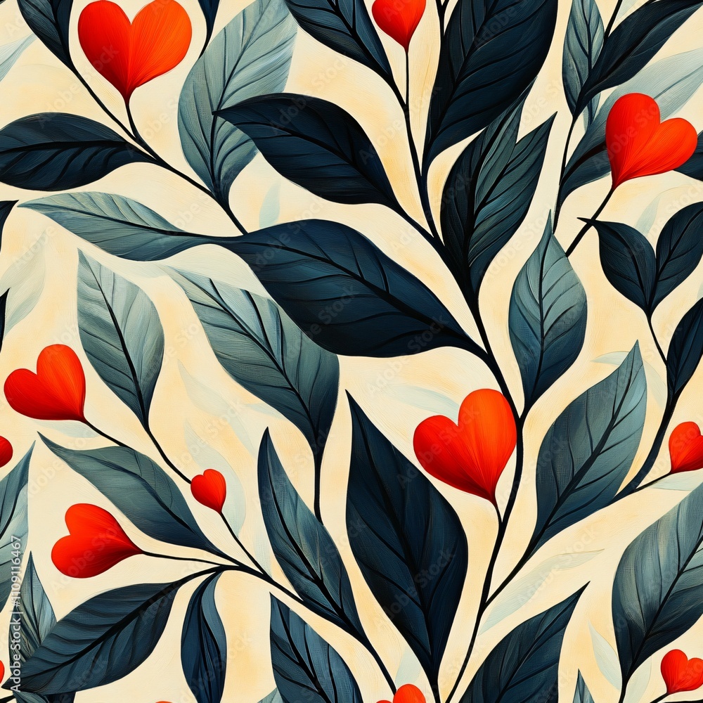 Decorative pattern featuring green leaves and red hearts with black details Decorative pattern featuring green leaves and red hearts with black details