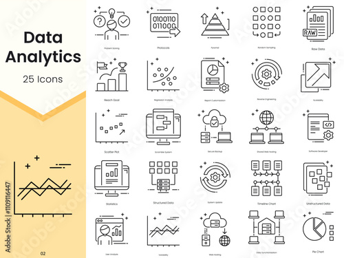 Simple Outline Set of Data Analytics Icons. Thin Line Collection contains such Icons as pyramid, random sampling, raw data, reach goal, regression analysis and more