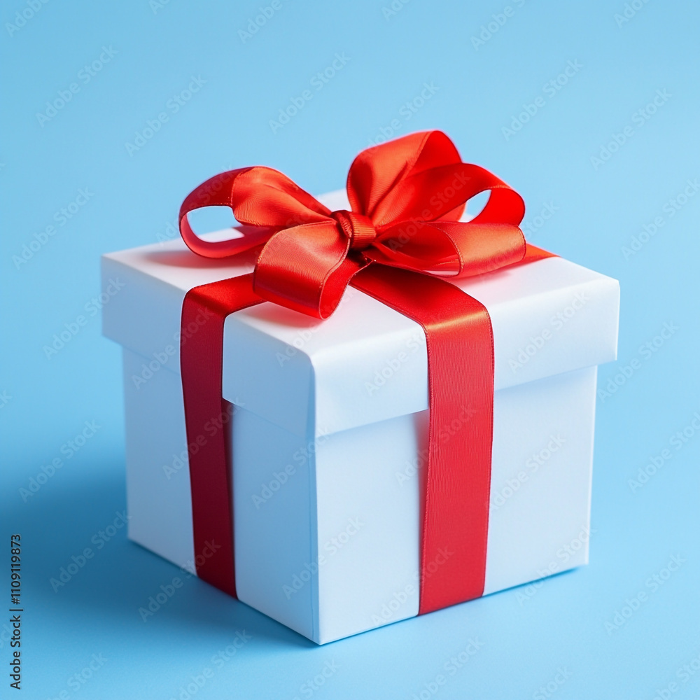 White Gift Box with Red Ribbon on Blue Background White Gift Box with Red Ribbon on Blue Background