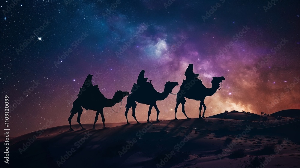 Nativity scene with three magi on camels silhouettes at night Nativity scene with three magi on camels silhouettes at night