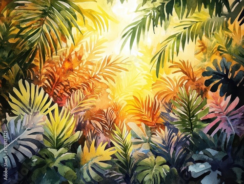 Lush, tropical plants bathed in golden sunlight at eye level, capturing a harmonious and tranquil scene in watercolors