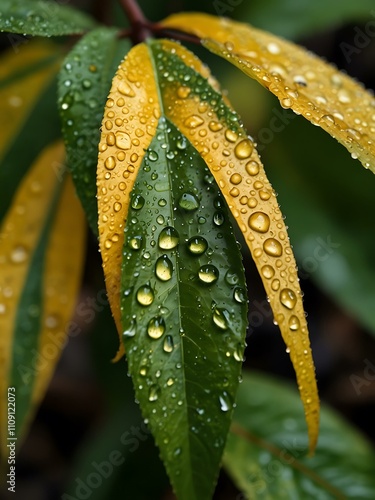 Water droplets on green and yellow leaves.