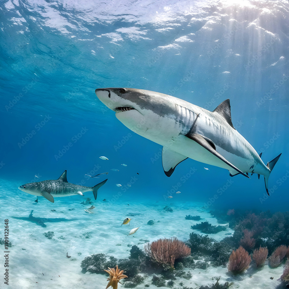Fototapeta premium huge white sharks in blue ocean swim underwater
