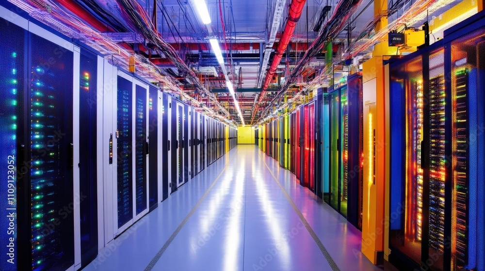 Fototapeta premium Brightly illuminated wires interconnect server racks in a modern facility, symbolizing the evolution of global internet infrastructure