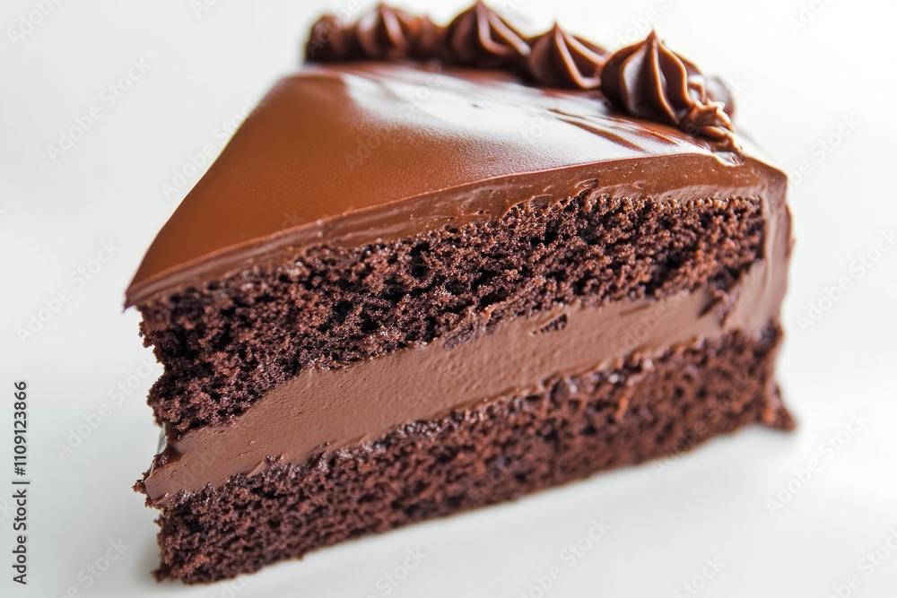 A slice of chocolate cake served on a clean white plate, perfect for desserts or special occasions A slice of chocolate cake served on a clean white plate, perfect for desserts or special occasions