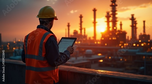 Working engineer in front of an oil refinery at sunset with a tablet in his hands.