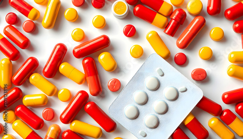 Antibiotic drug resistance, many colorful, red, yellow pills and capsules, packaging with medicines with a white accent, png