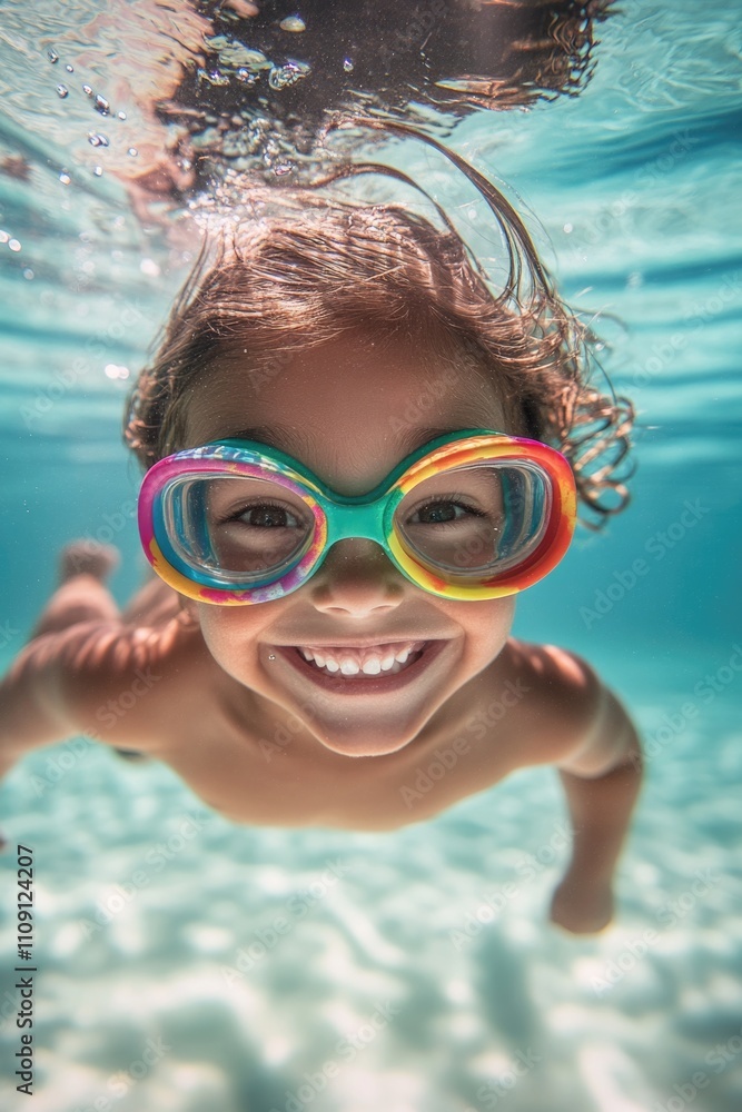 Naklejka premium A young girl enjoying swimming in the water while wearing goggles