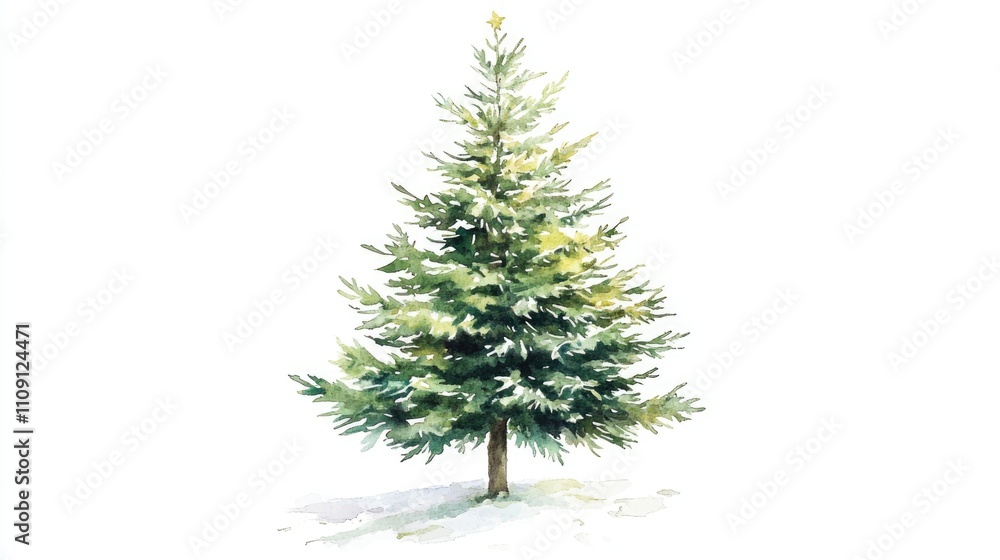 Watercolor painting of a solitary pine tree standing tall amidst snowy landscape, suitable for winter-themed designs and artwork Watercolor painting of a solitary pine tree standing tall amidst snowy landscape, suitable for winter-themed designs and artwork