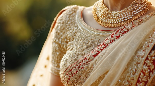 Close-up of a golden Indian wedding dress showcasing intricate zari work, beads, and elegant patterns photo