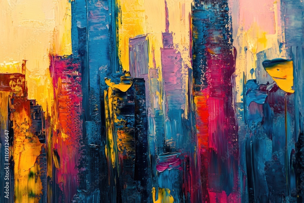 Fototapeta premium Painted cityscape with colorful buildings, great for editorial or commercial use