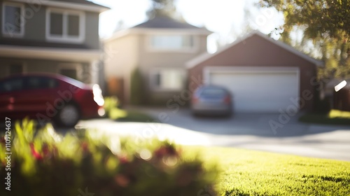 Suburban Homescape With Cars and Lush Green Grass photo