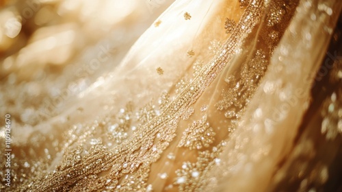 Close-up of a golden Indian wedding dress showcasing intricate zari work, beads, and elegant patterns photo