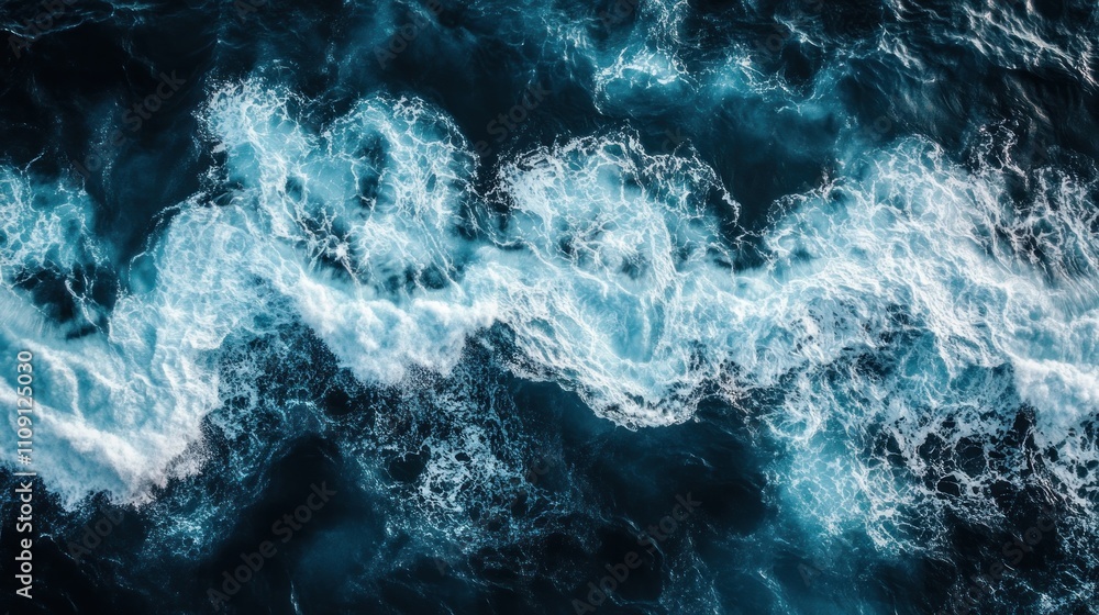 A blue ocean with white waves, seen from above. The water is dark and deep, creating an atmosphere of mystery and depth. In the center there's space for text or other elements. A blue ocean with white waves, seen from above. The water is dark and deep, creating an atmosphere of mystery and depth. In the center there's space for text or other elements.